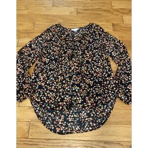 Decree Women's XS Floral Blouse 100% Polyester Long Sleeve Black/Multi-Color